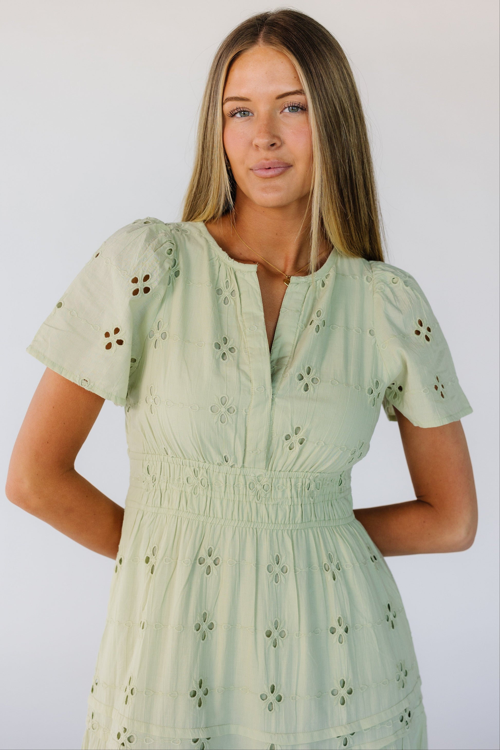 green eyelet dress women Green Eyelet Dress with Collar