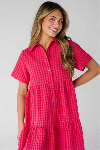 Close view of a woman wearing a modest red gingham knee length dress with button down style and pointed collar