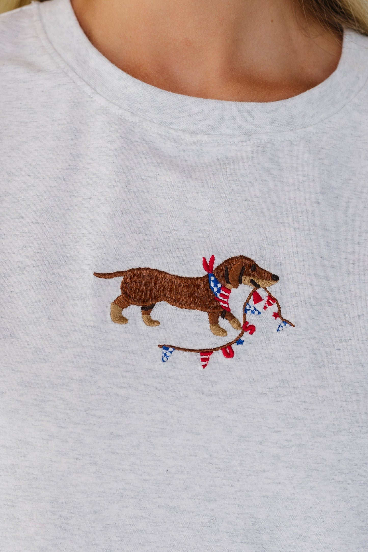 Close view of an embroidered dog & USA banner graphic on a heather grey short sleeve tee.