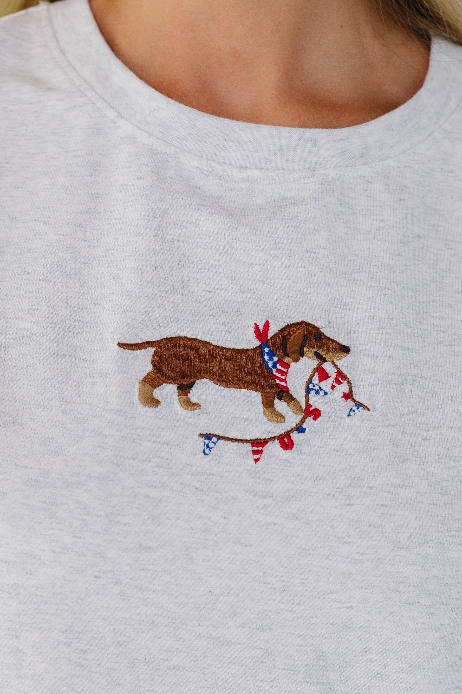Close view of an embroidered dog & USA banner graphic on a heather grey short sleeve tee.