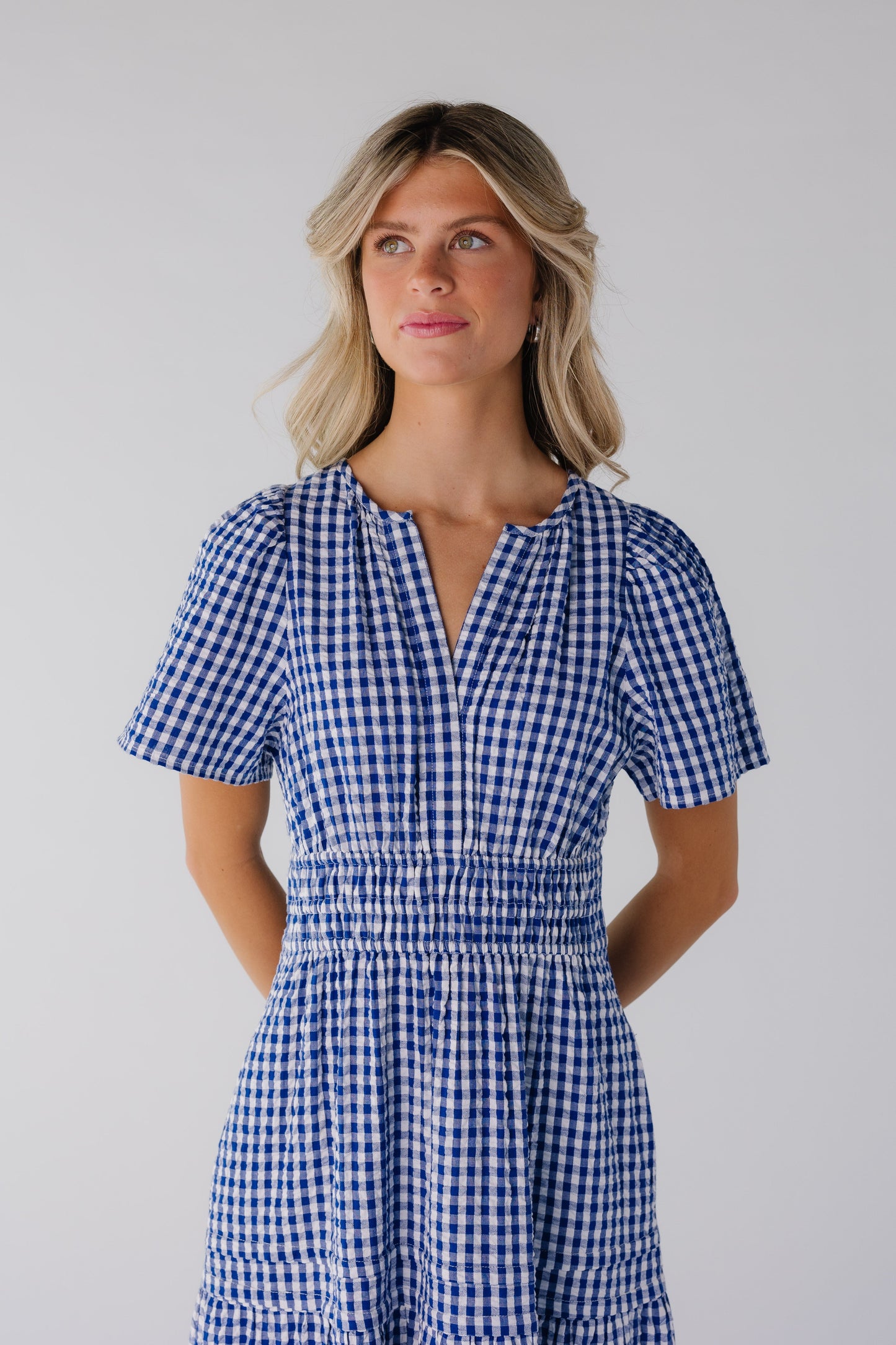 Close view of blue gingham dress with wide elastic waist  and short sleeves