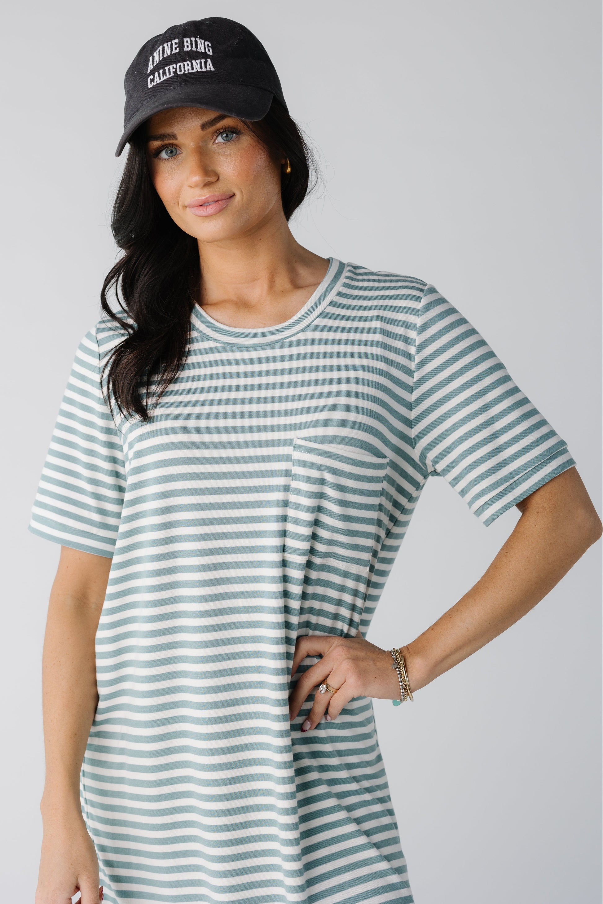 Close view of blue green stripe t-shirt dress with crew neckline and short sleeves