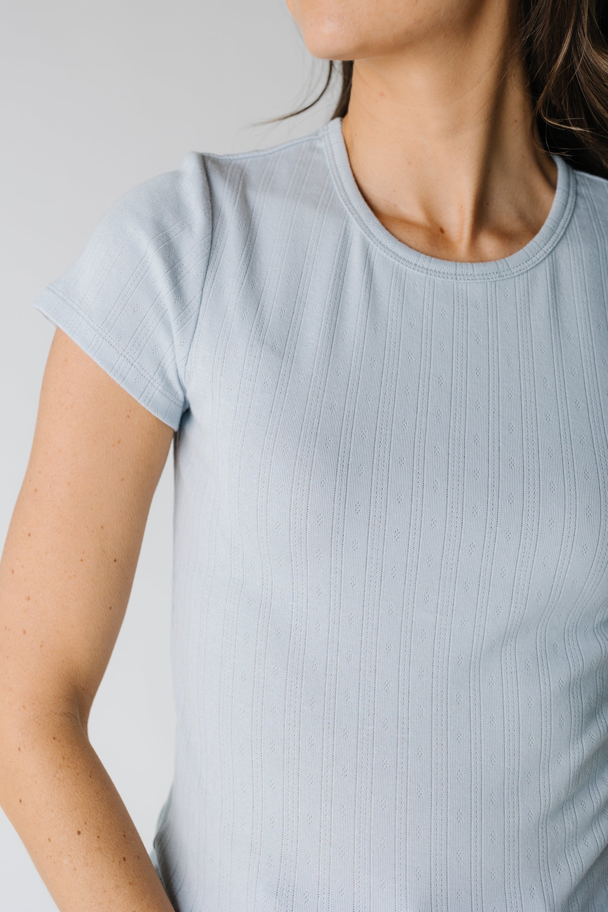 Close view of blue pointelle top