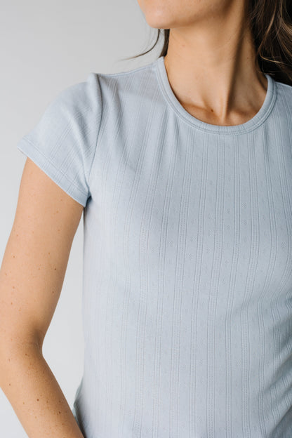 Close view of blue pointelle top