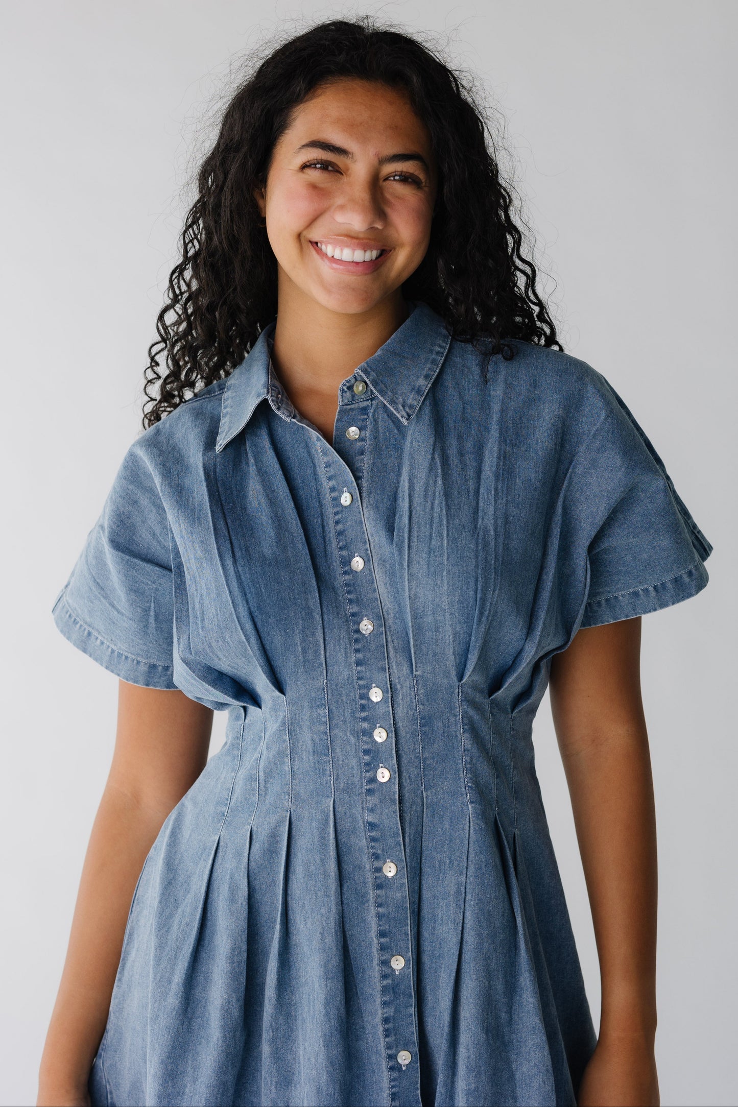 Close view denim button down dress with short sleeves and pointed collar