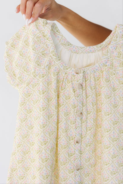 Brass & Roe Sweetie Button Down Girl's Dress in cream floral print