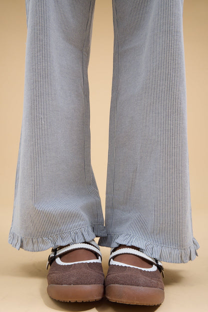 Brass & Roe Ruffle Hem Pants in navy & white stripe for women and teen girls.
