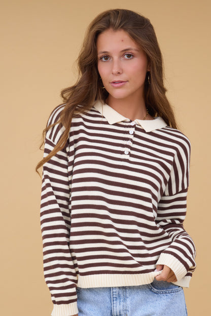 Cream Collared Sweater  in a brwn & cream stripe with a short button placket and a pointed collar.