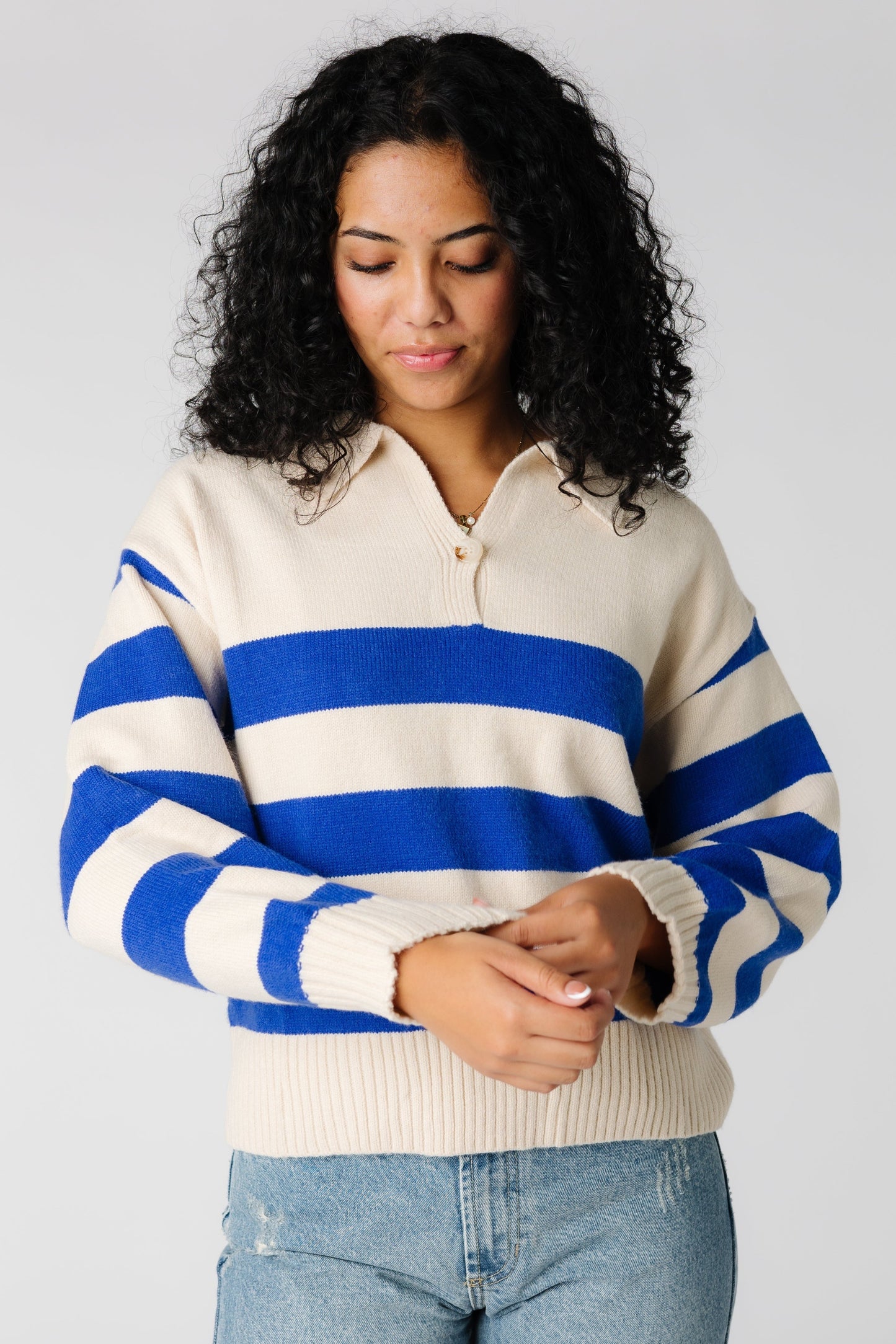 Cream and blue wide stripe long sleeve sweater