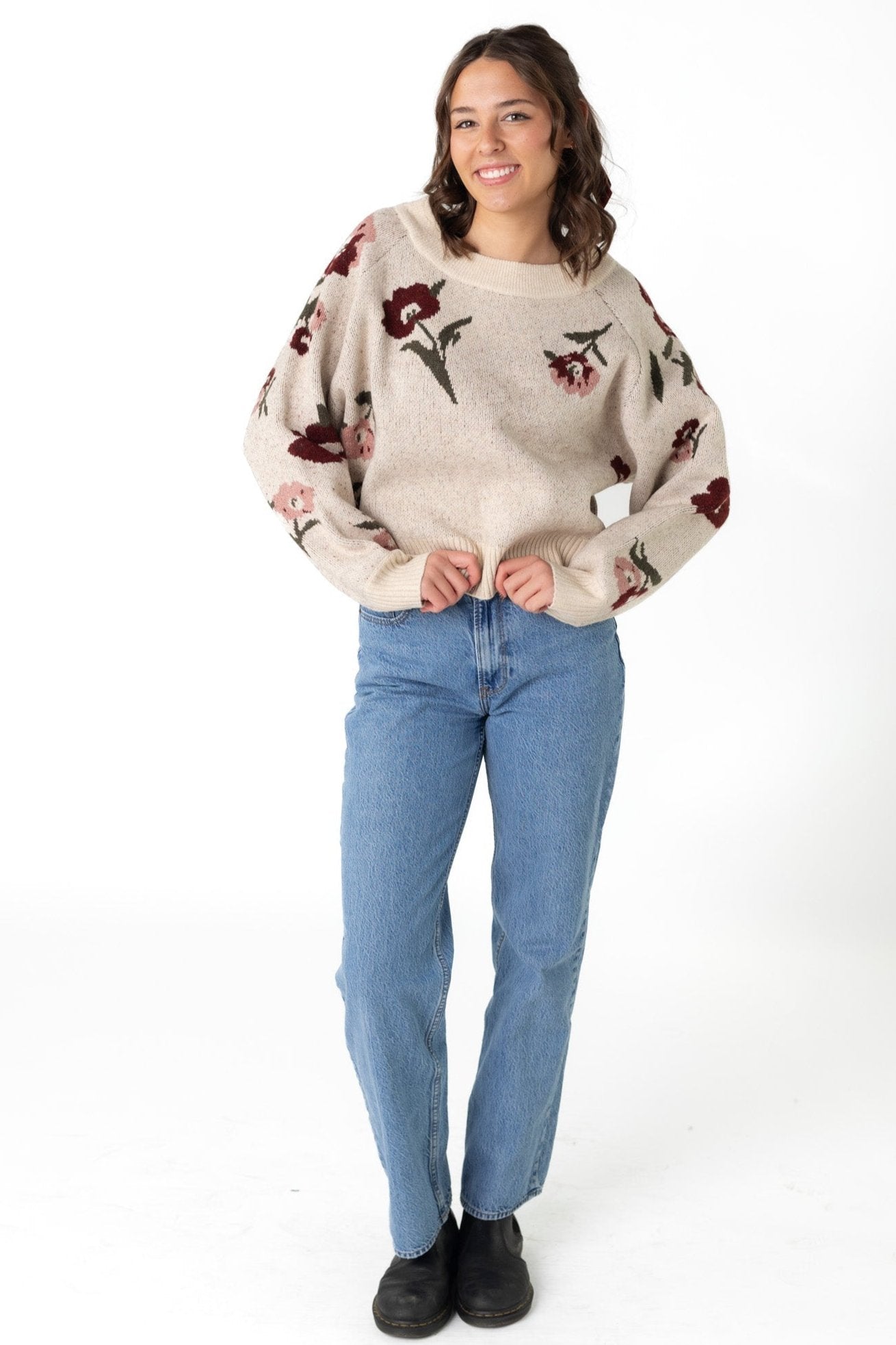 Modest cream floral sweater with crew neckline and long sleeves