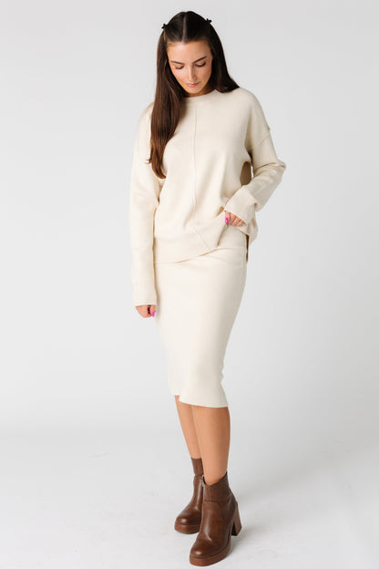 Oatmeal long sleeve sweater with knee length pencil skirt