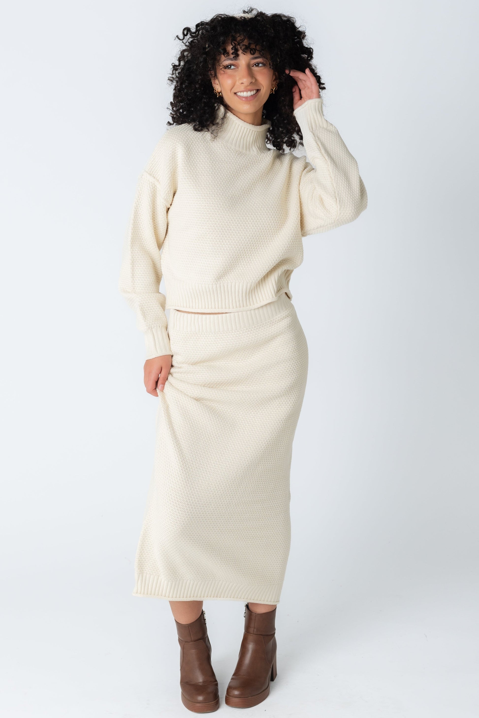 Cream textured 2 piece sweater and midi skirt set