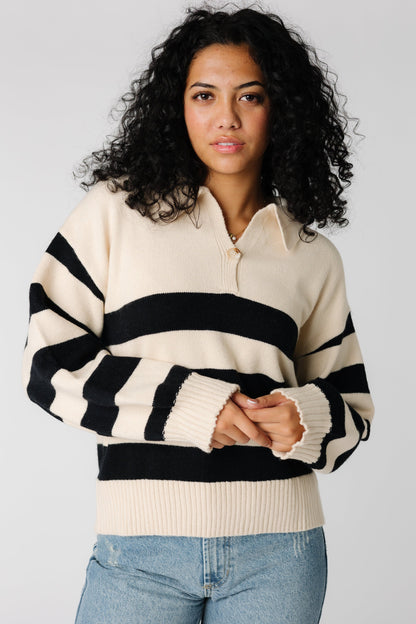 Cream and black wide stripe long sleeve sweater