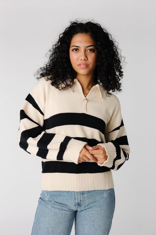 Cream and black wide stripe long sleeve sweater