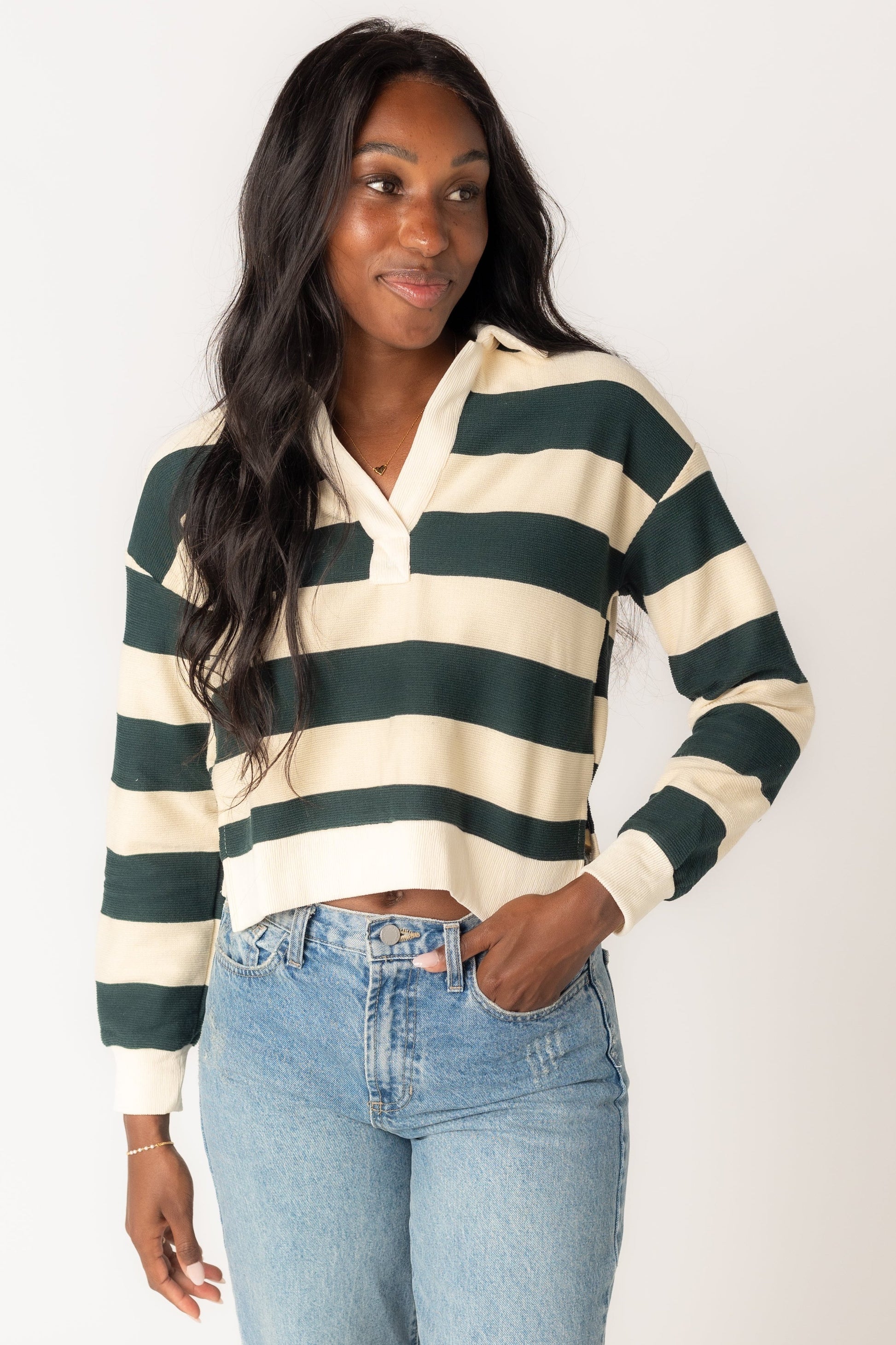 Modest wide stripe top with long sleeves and V-neckline and collar