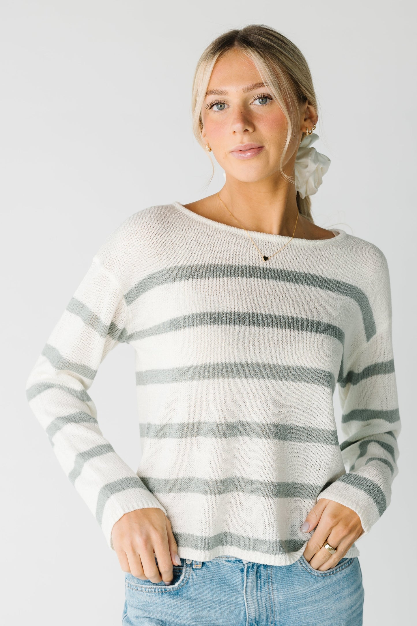 Sage and cream light weight stripe sweater