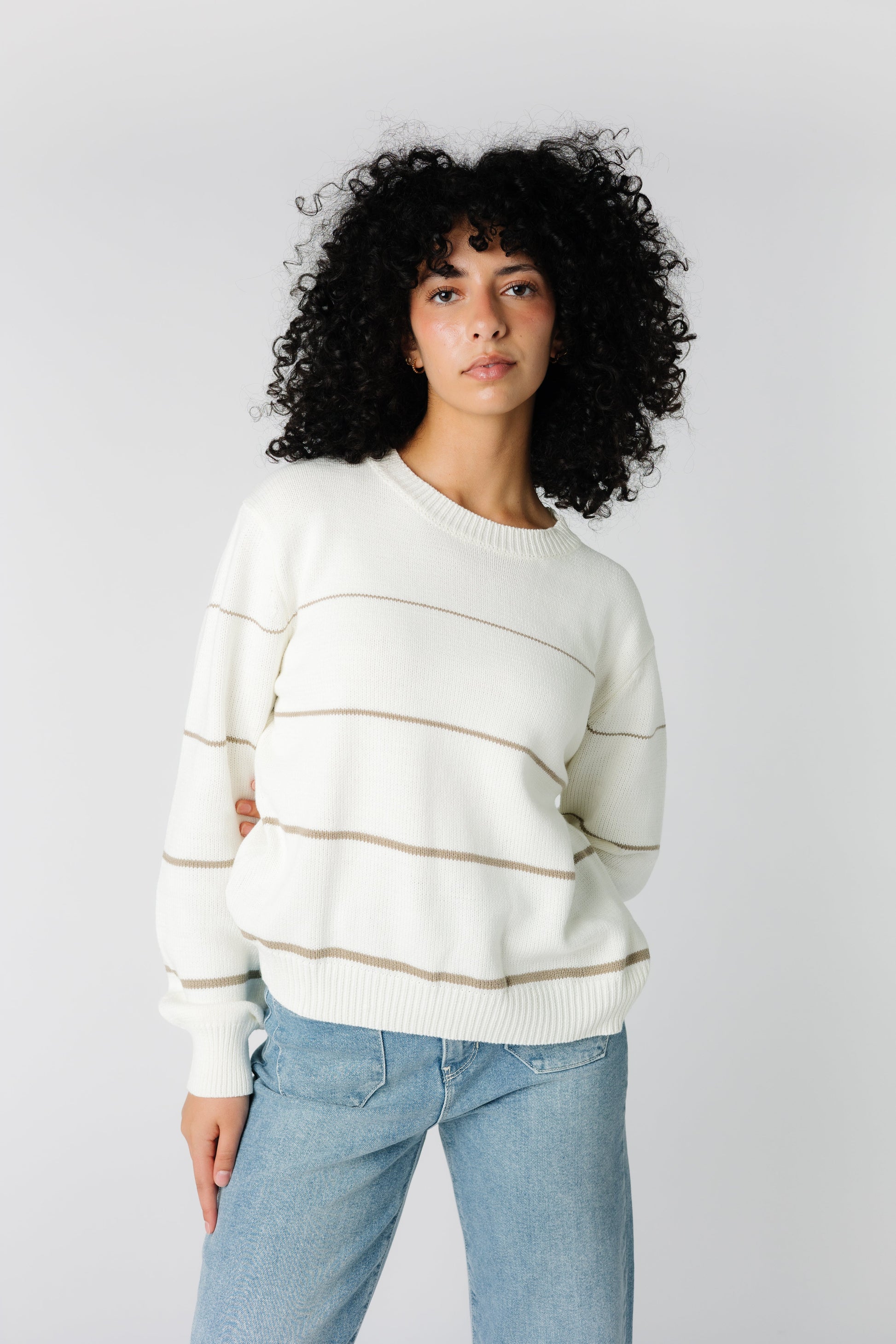 Cream long sleeve sweater with narrow mocha stripe with crew neckline