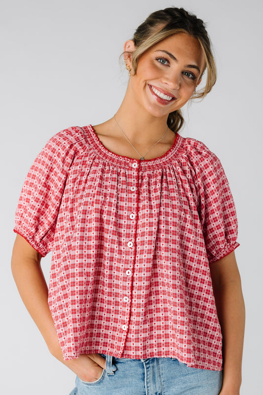 Creative Gingham Blouse WOMEN'S TOP Things Between Red S 