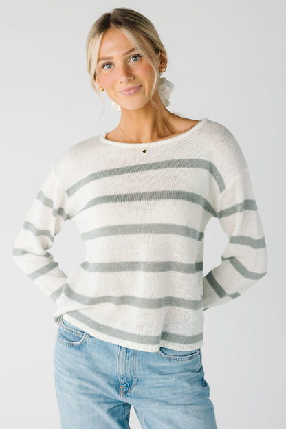 Modest lightweight stripe sweater with wide round neckline long sleeves