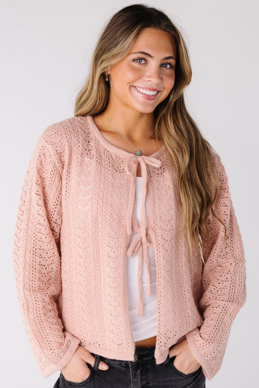 Crocheted Tied Up Cardigan for women and teens in pink
