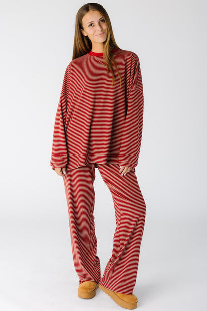 Red and tan stripe stripe long sleeve lounge set with long wide cut legs