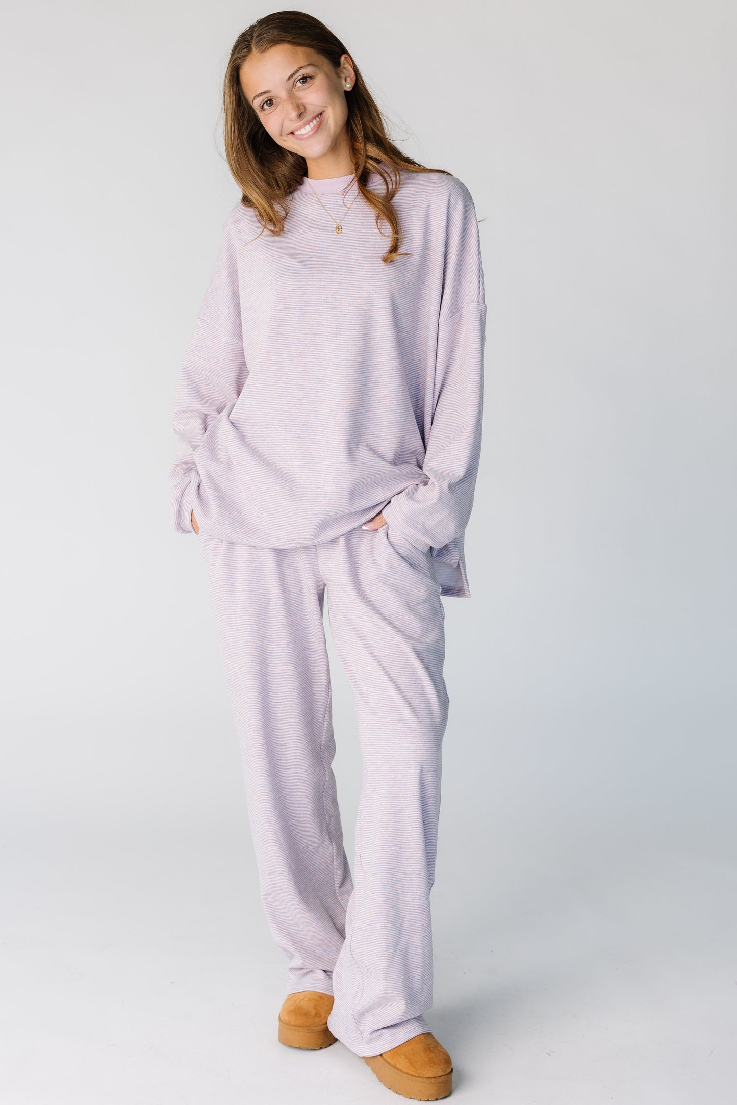 Cutie Everyday Stripe Spring Set in a multi pink and lavender narrow stripe for women and teens.