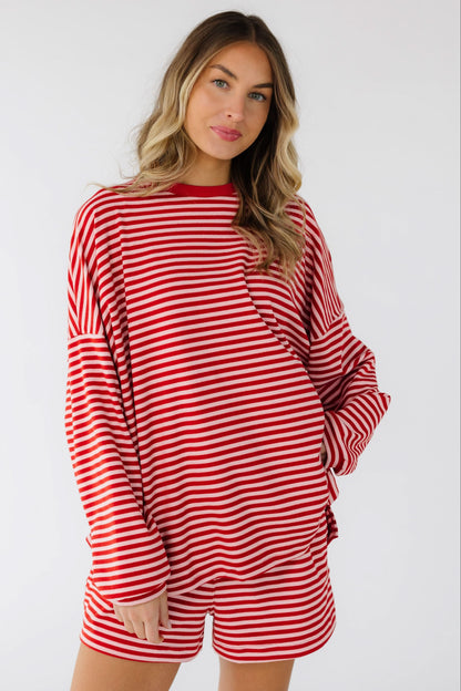 Cutie Everyday Shorts Set in red & pink stripe shorts set for women & teen girls.