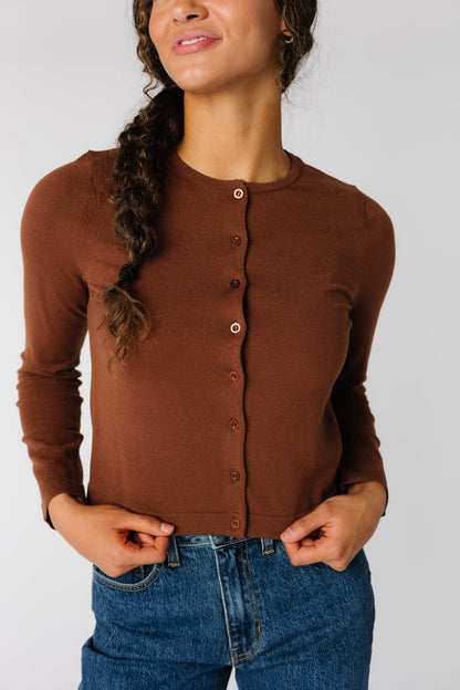 Crew neck cardigan in brown