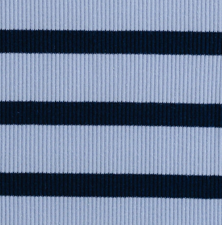 Dark blue and light blue stripe cotton ribbed fabric swatch.