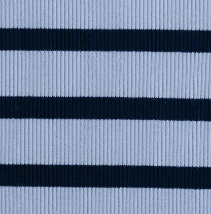 Dark blue and light blue stripe cotton ribbed fabric swatch.