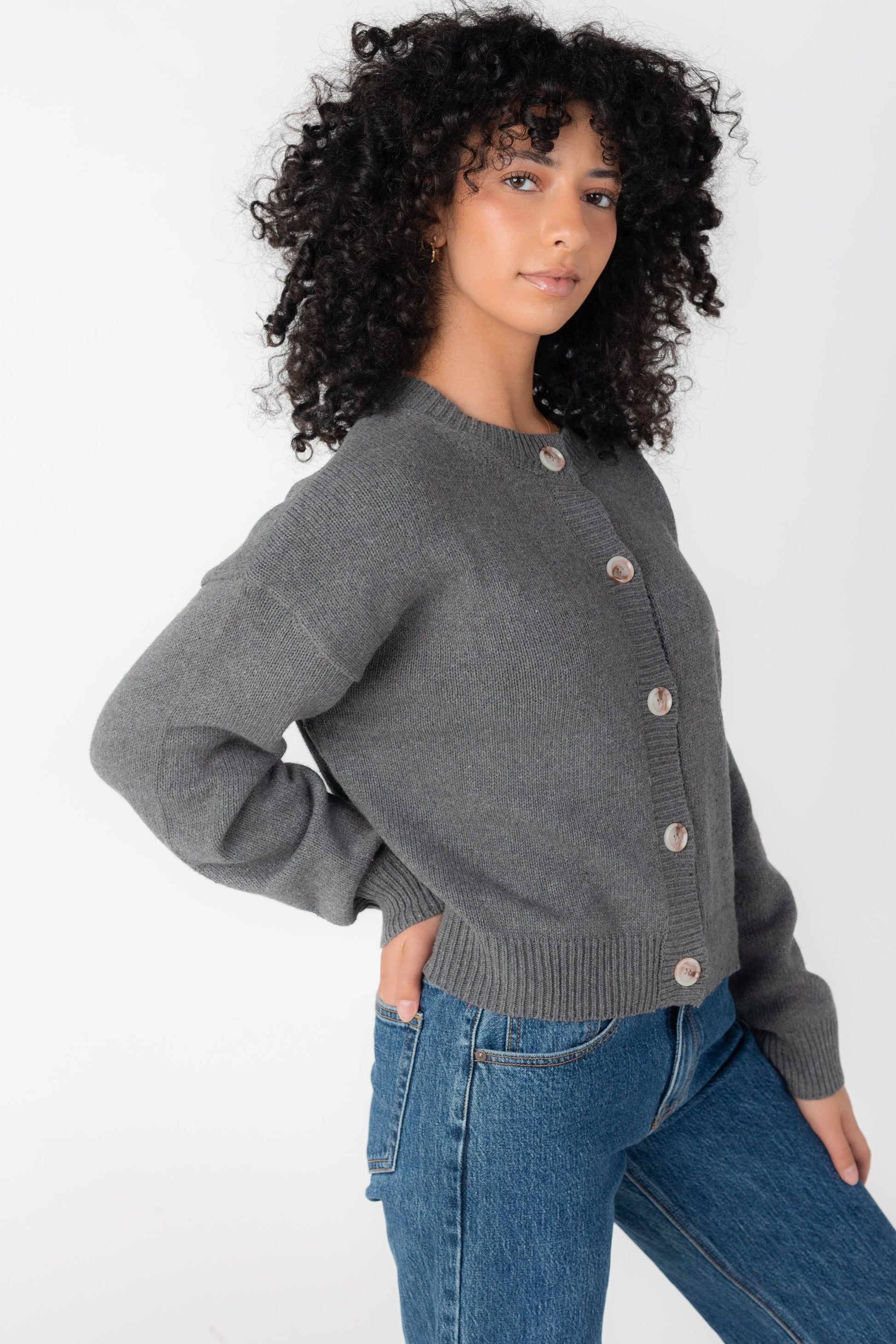 Modest grey button cardigan with crew neckline and long sleeves