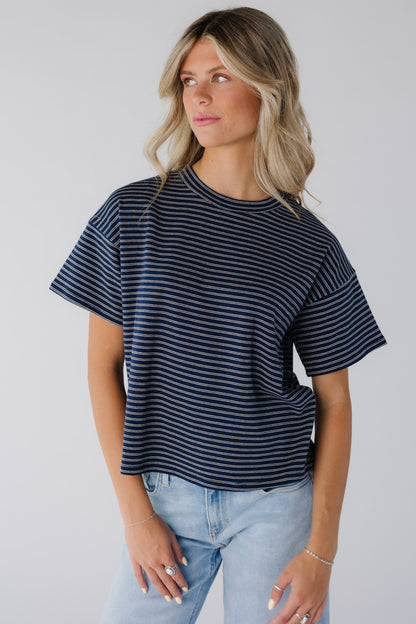 Modest navy stripe tee with crew neckline and short sleeves