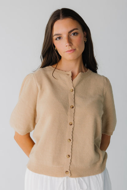 Modest women's cardigan in taupe with round scalloped edge and short puff sleeves 