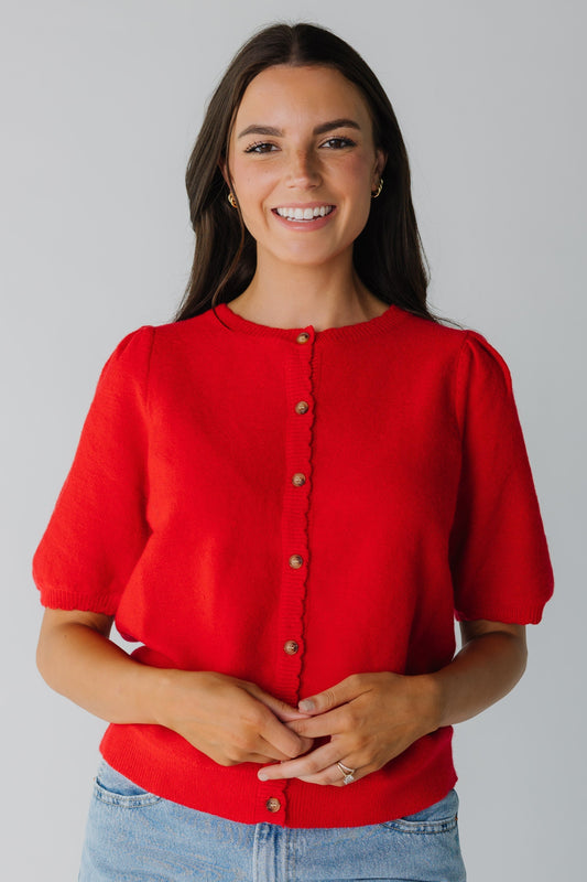 Darla Puff Sleeve Cardigan for women in cherry red