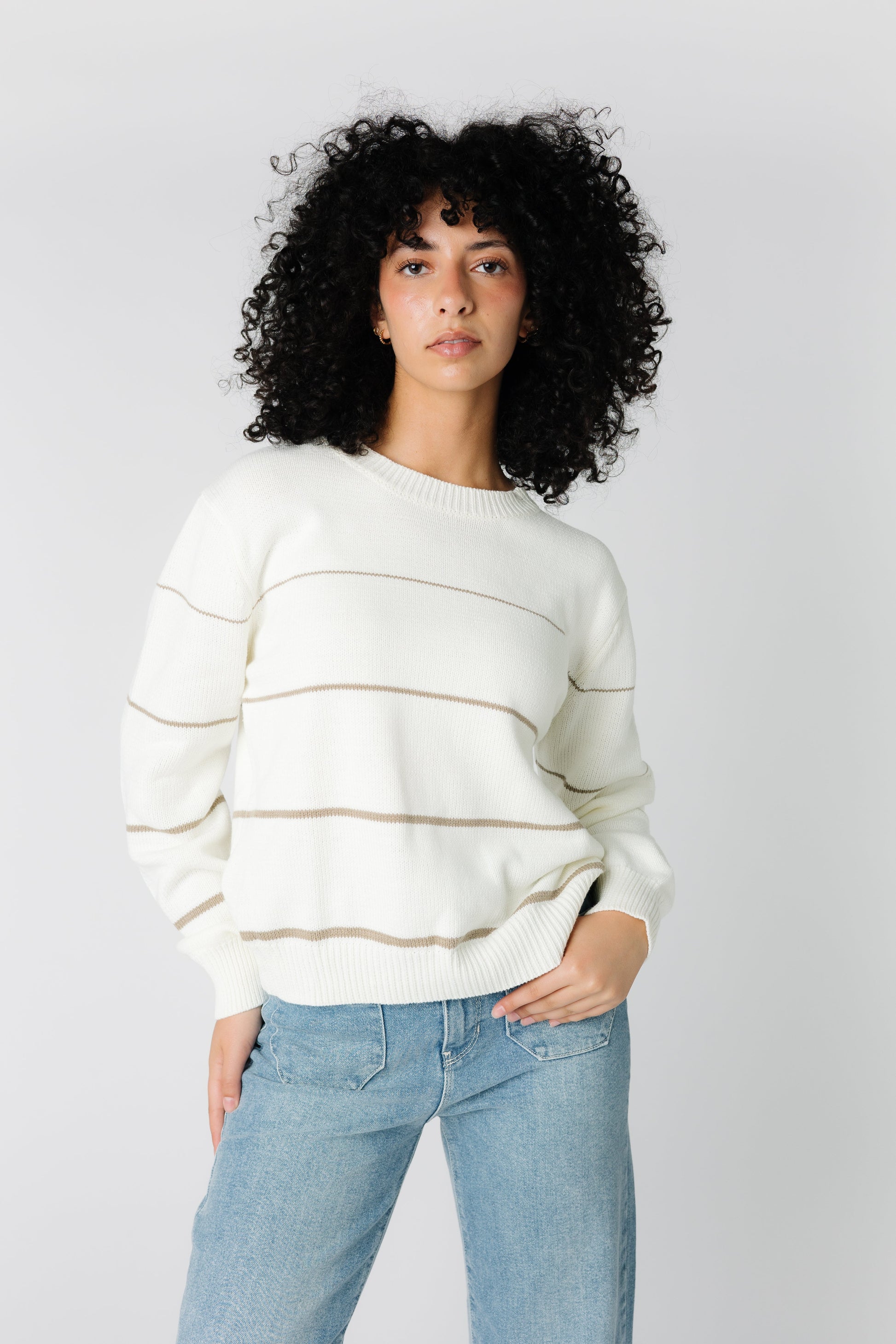 Long sleeve sweater in cream with narrow mocha stripes with crew neckline