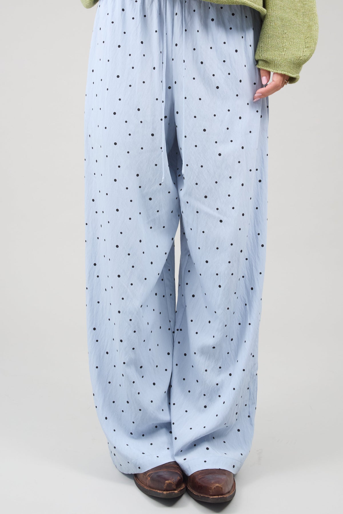 Dawn Polka Dot Pants in light blue & black polka dot for women and teen girls.