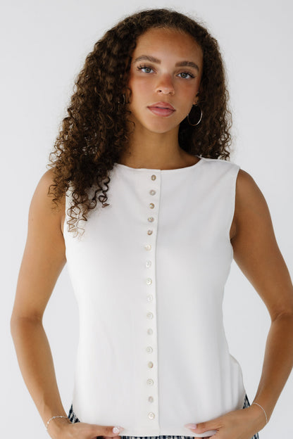 Desiree Tank in a white sleeveless button down top for women and teenage girls.