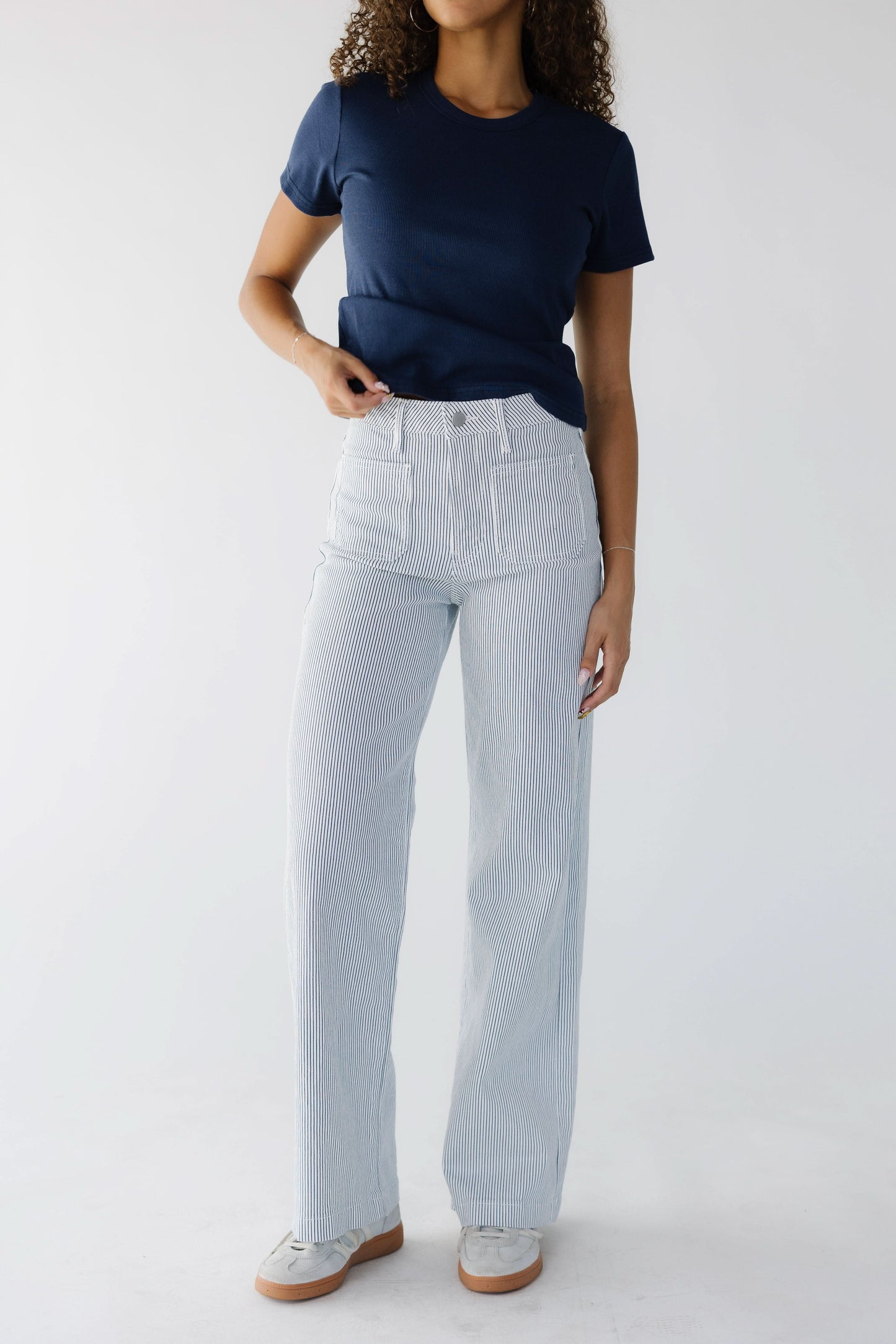Doheney Mini Stripe Denim in white & navy stripe denim for women and teen girls.