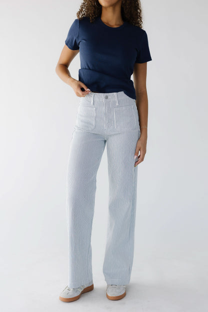 Doheney Mini Stripe Denim in white & navy stripe denim for women and teen girls.