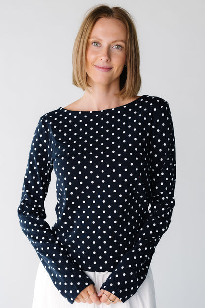 Dotty Long Sleeve Tee for women and teens in navy polka dot