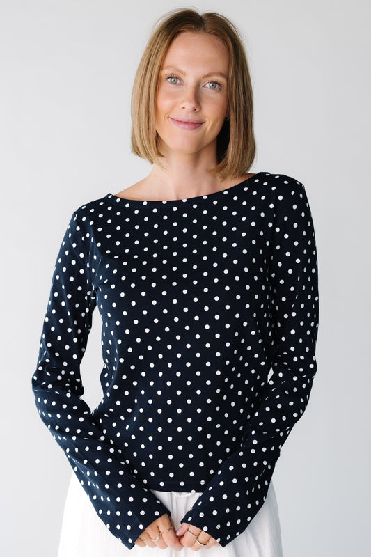 Dotty Long Sleeve Tee for women and teens in navy polka dot