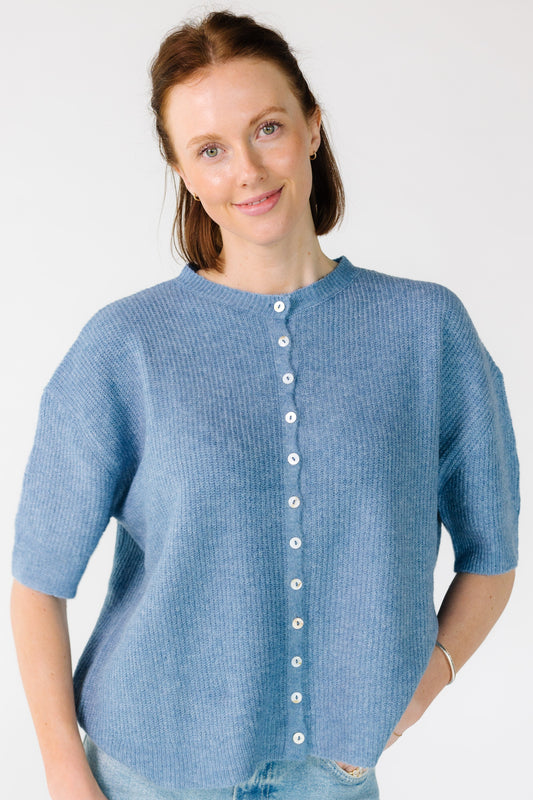 Dressed Up Cardigan- Spring in dusty blue for women and teens.