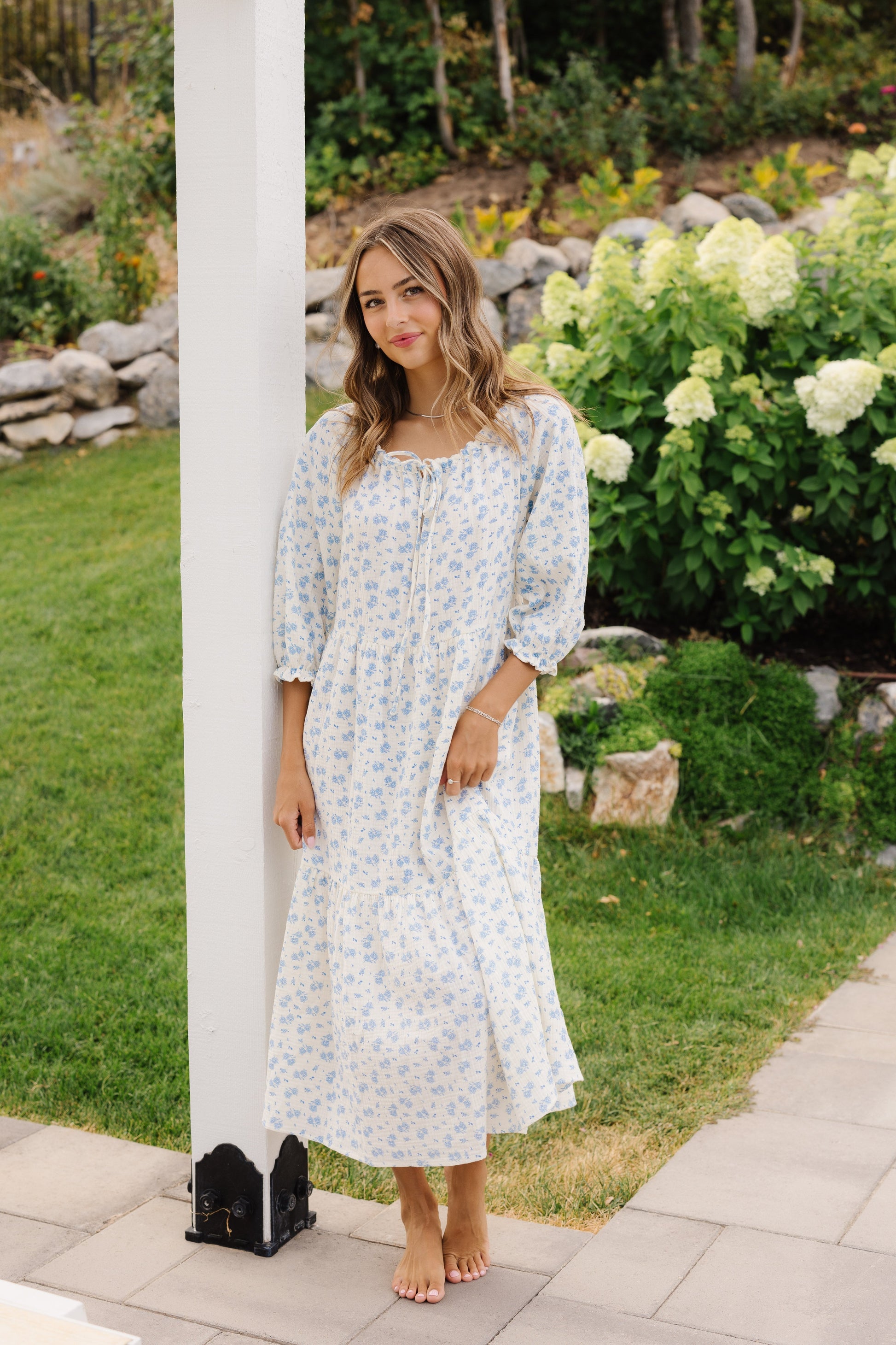 Brass & Roe Mel Gauze Midi Dress WOMEN'S DRESS brass & roe Cream/Blue XS 