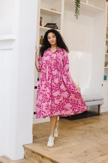 Beautiful flowy pink print midi dress