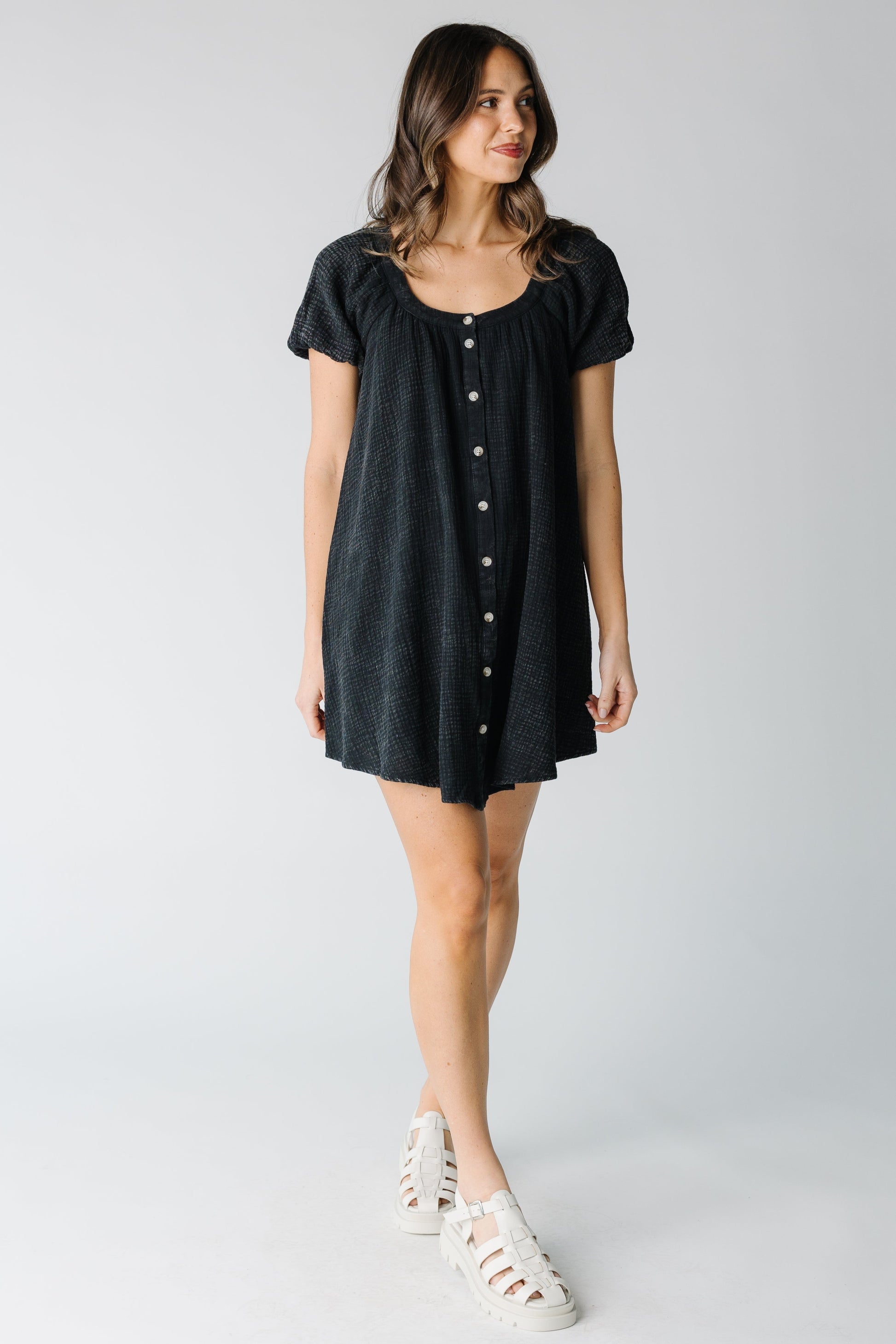 Scoop neck button down dress with soft texture in washed black