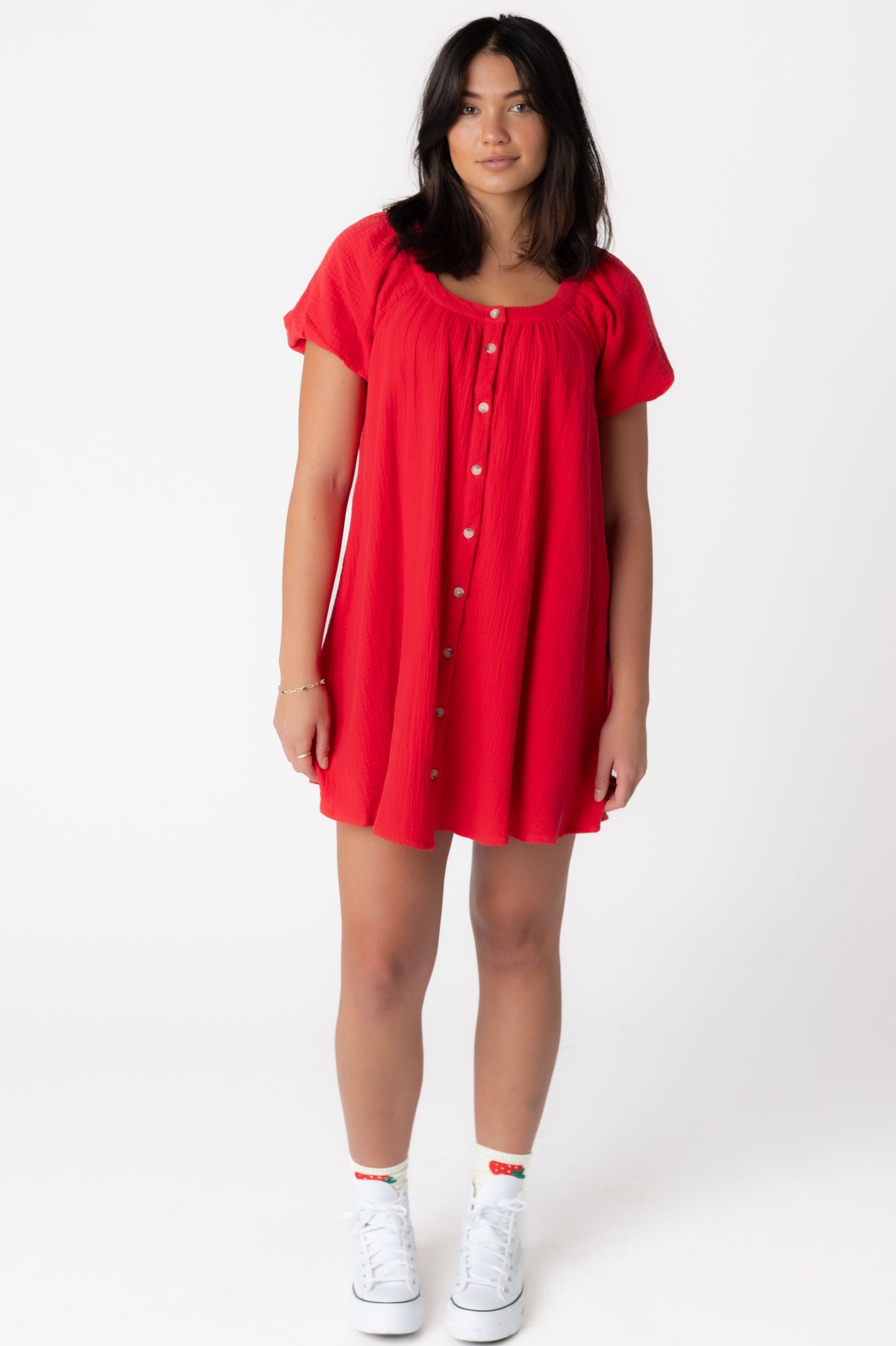 Red short button down dress with short sleeves