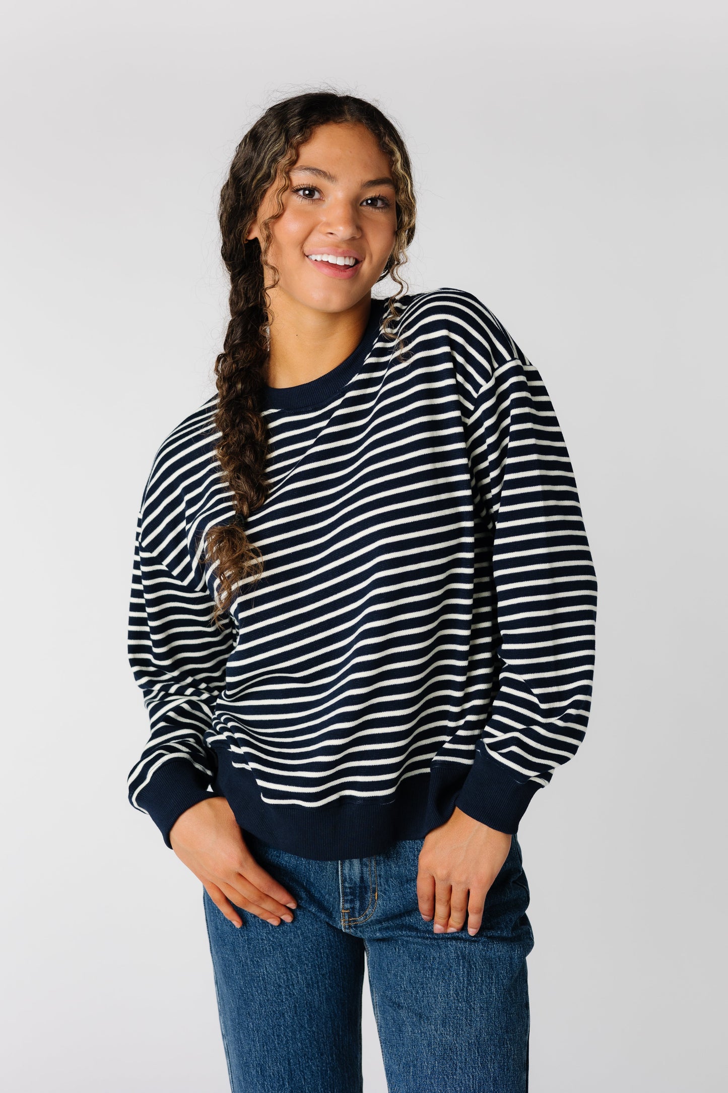 Loose fitting navy stripe sweater