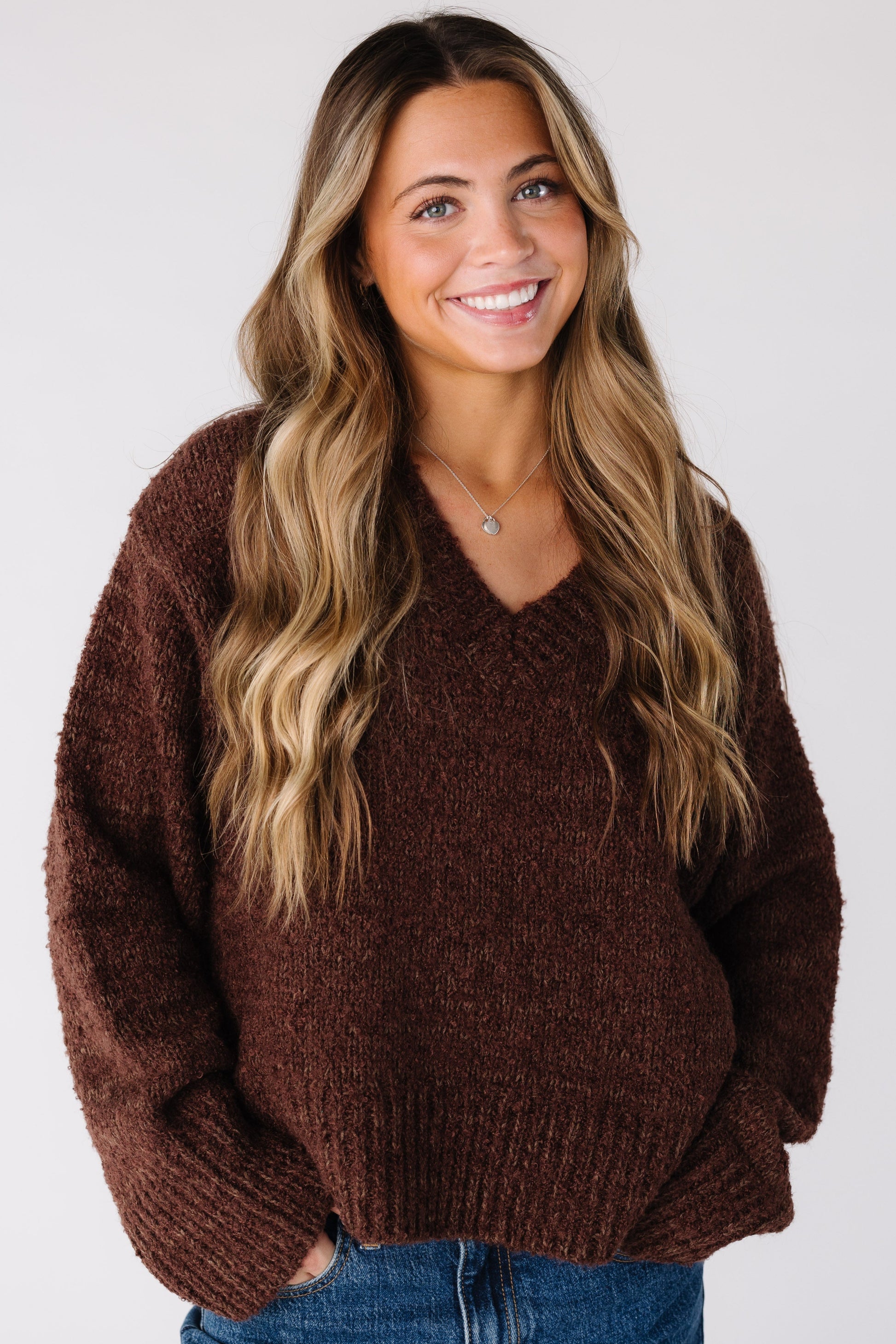 Modest loose fitting sweater with V-neckline and long sleeves