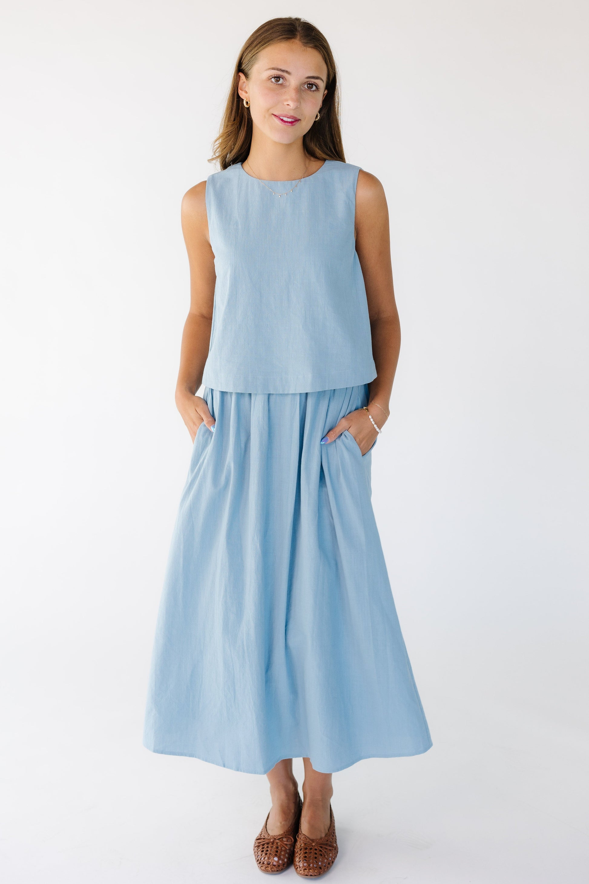 Evelyn Cotton Tank Dress  in blue for women and teens.