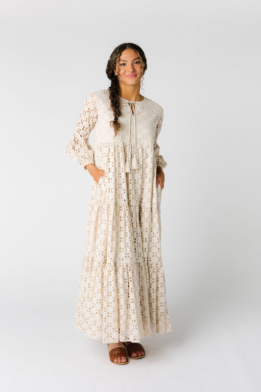 All eyelet long sleeve midi in cream